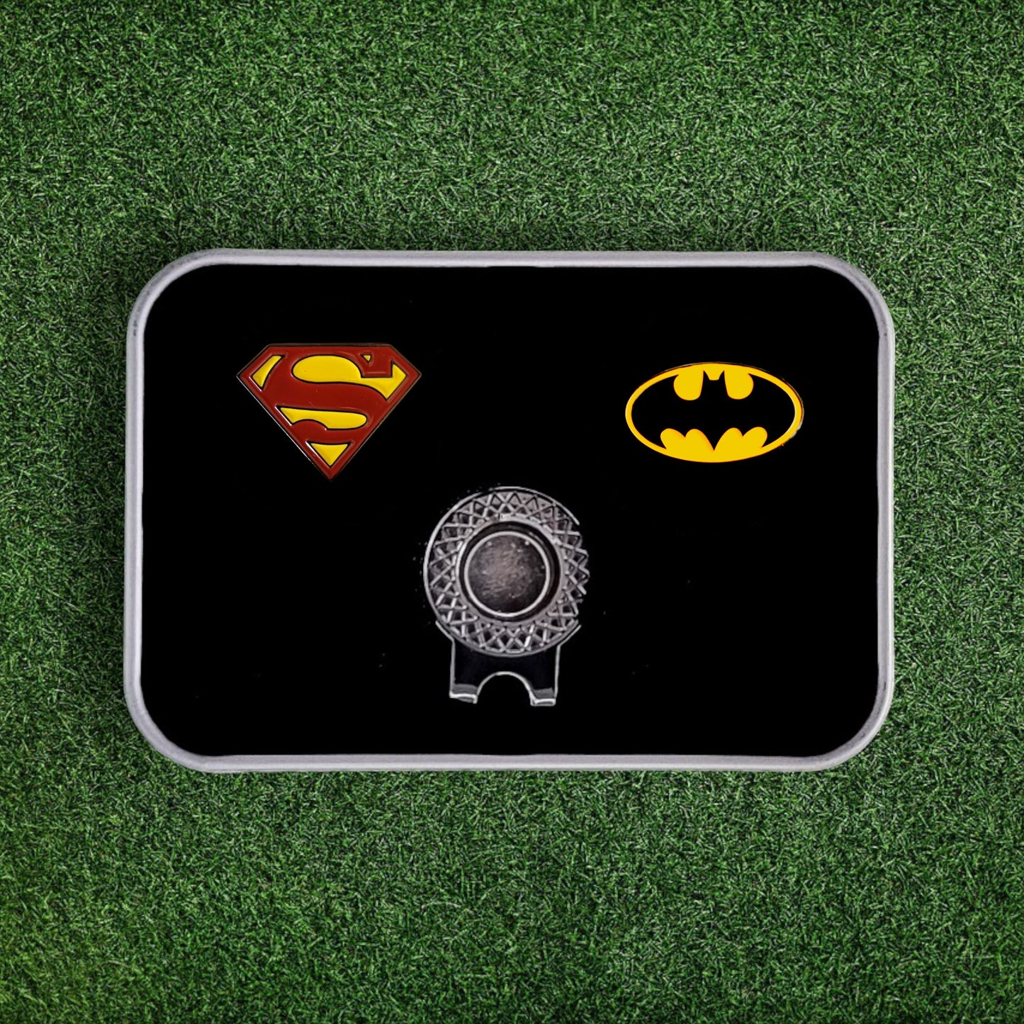 Golf Ball Marker & Hat Clip Set - Batman & Superman - Complete in Gift Tin