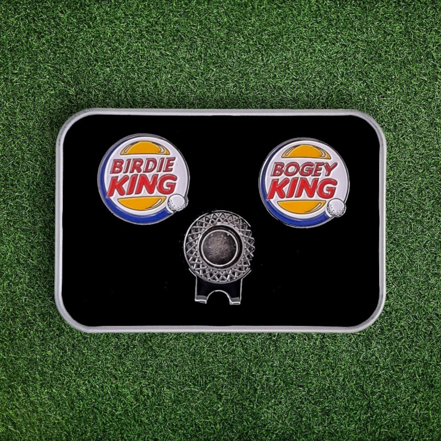Golf Ball Marker & Hat Clip Set - Bogey/Birdie King - Complete in Gift Tin