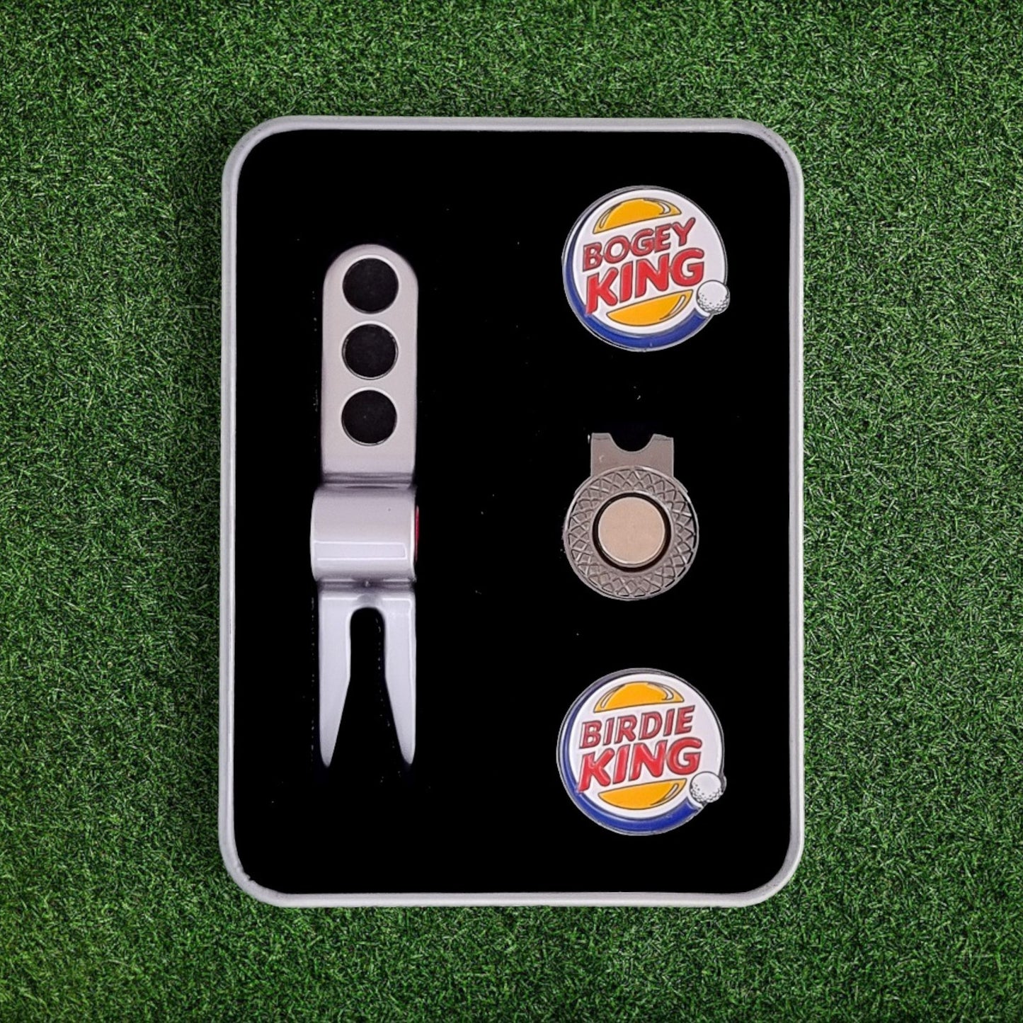 Scotty Divot Tool and Ball Marker Set - Bogey/Birdie King - Complete in Gift Tin
