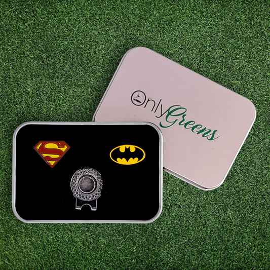 Golf Ball Marker & Hat Clip Set - Batman & Superman - Complete in Gift Tin
