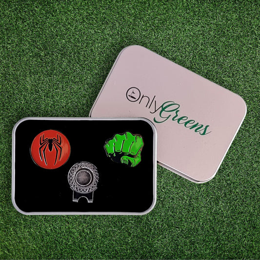 Golf Ball Marker & Hat Clip Set - Spider-Man & Hulk | Complete in Gift Tin