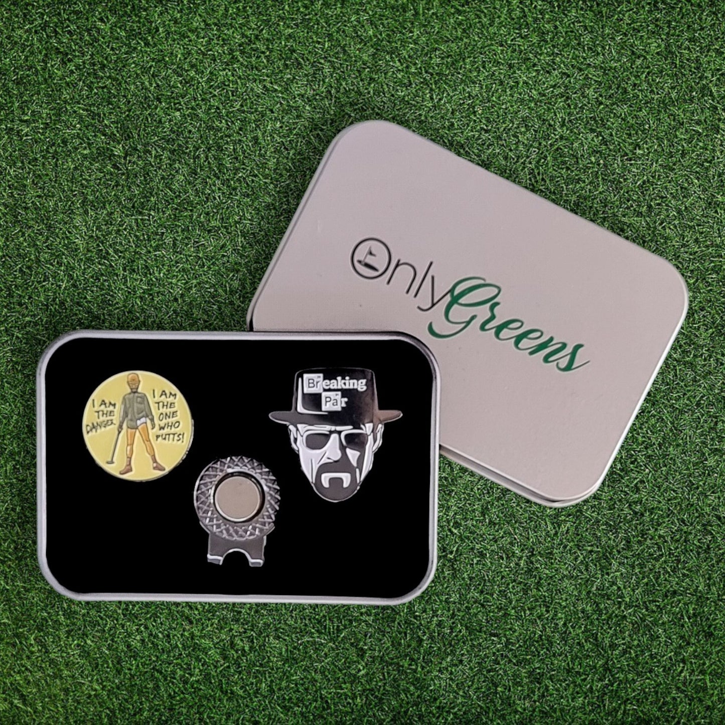 Golf Ball Marker & Hat Clip Set - Breaking Par - Complete in Gift Tin