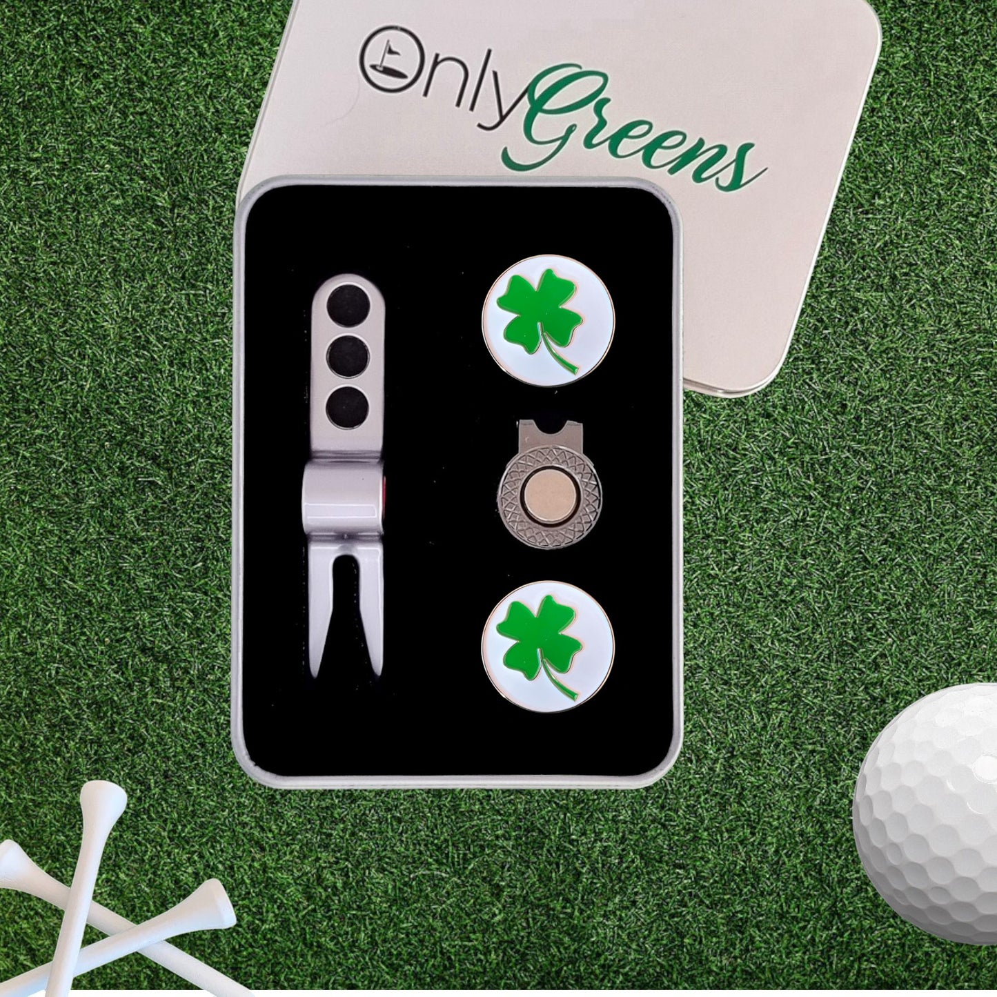Scotty Divot Tool & Ball Marker Gift Set - Lucky Four-Leaf Clover | In Gift Tin